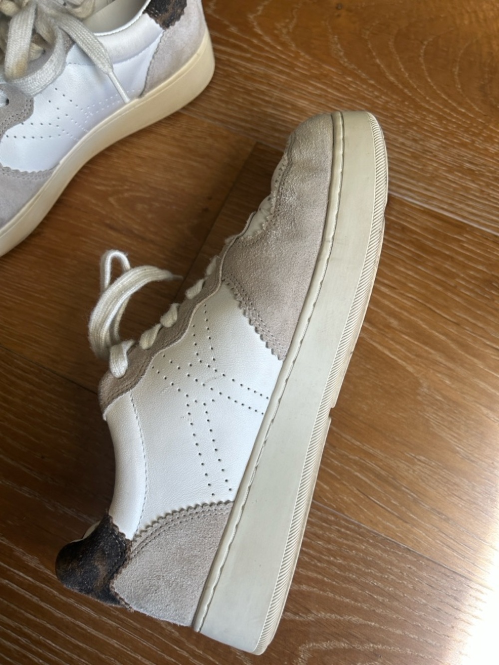 Veronica Beard Lennox White Leather and Taupe Suede-Trim Sneakers -Leopard Print - Picture 5 of 11